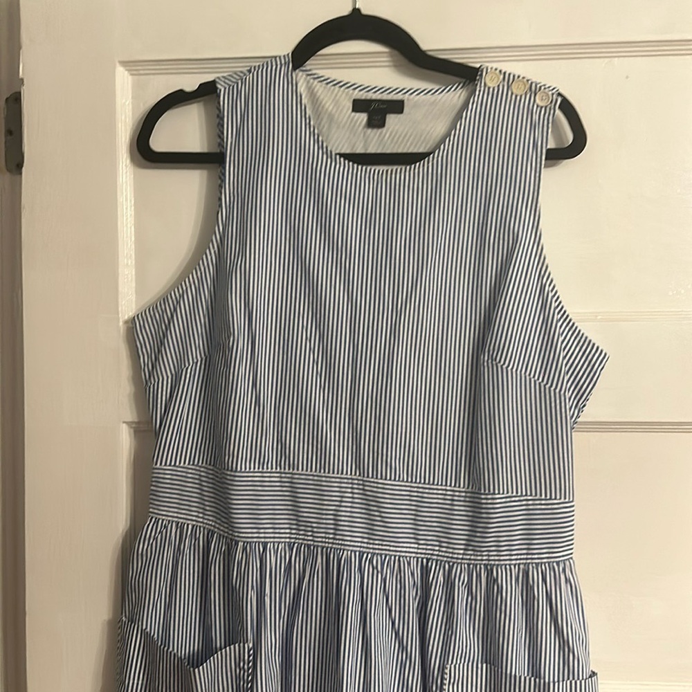 Striped j crew sleeveless midi dress button shoulder cutout back 12T